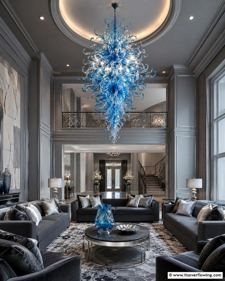 Blue Chandeliers with Grey Interiors - 30 Soothing Blue & Grey Living Room Designs for Relaxing Spaces