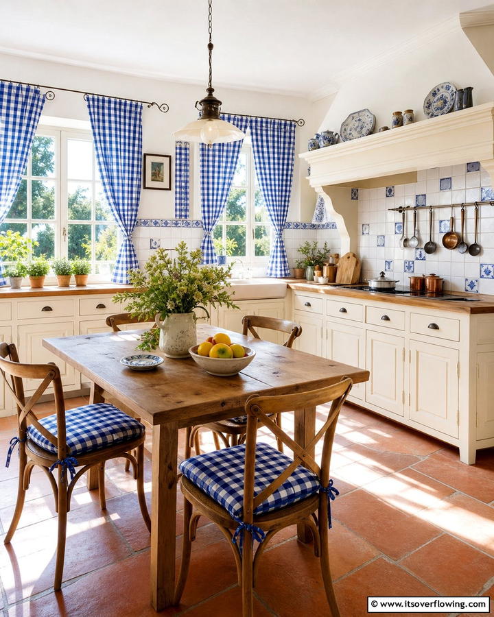 Blue Checked Curtains - 20 Blue French Country Kitchen Ideas- Charming & Bright