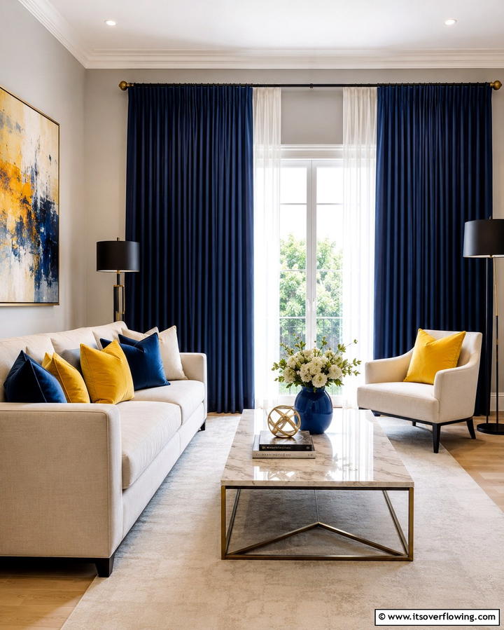 Blue Curtains Paired with Yellow Cushions - 25 Yellow and Blue Living Room Ideas for a Fresh Look