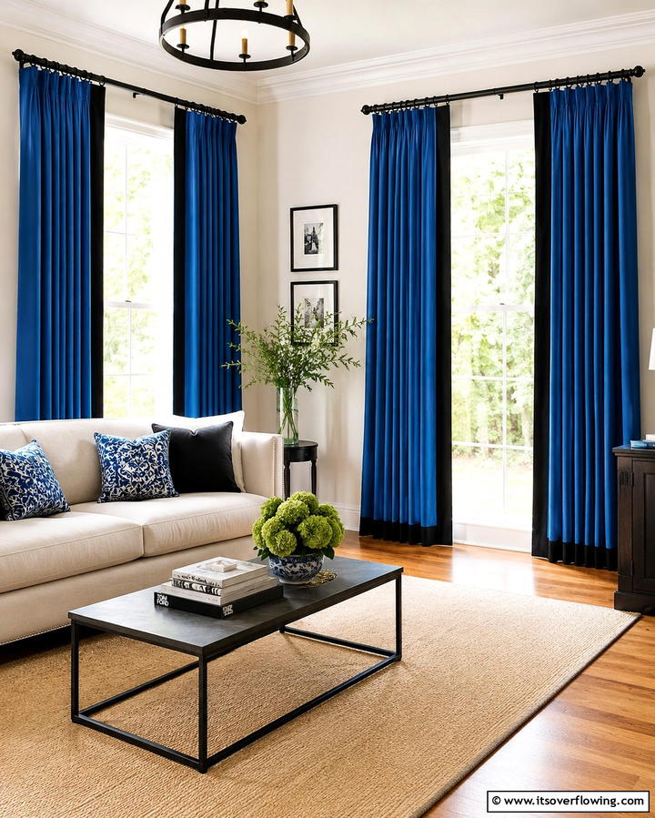 Blue Curtains with Black Trims - 25 Bold Black and Blue Living Room Ideas for a Statement