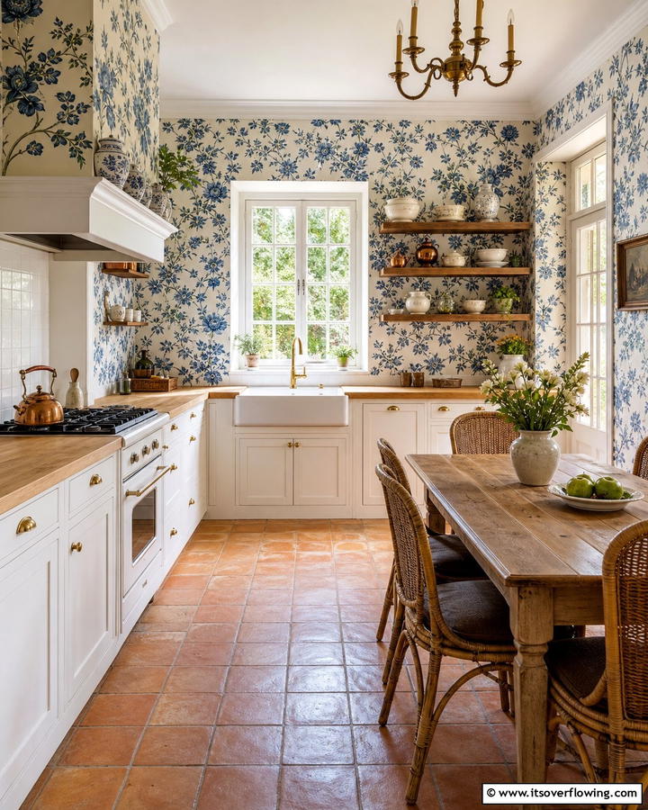 Blue Floral Wallpaper - 20 Blue French Country Kitchen Ideas- Charming & Bright