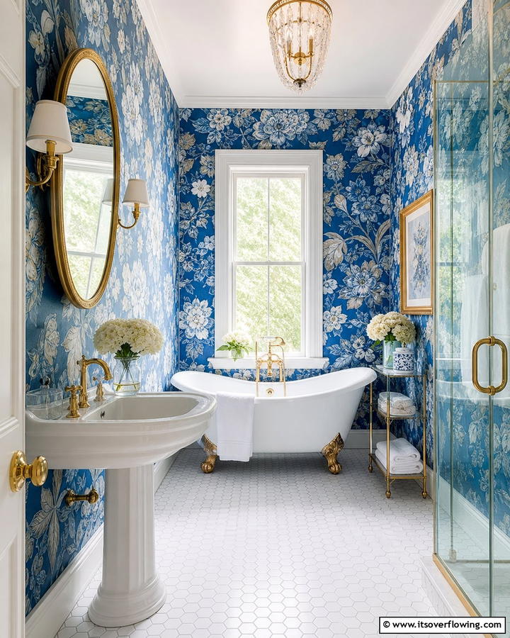 Blue Floral Wallpaper - 25 Blue Bathroom Ideas for a Serene Retreat