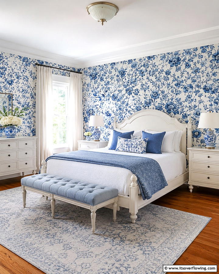 Blue Floral Wallpaper - 25 Moody Blue Bedroom Ideas for a Relaxing Space