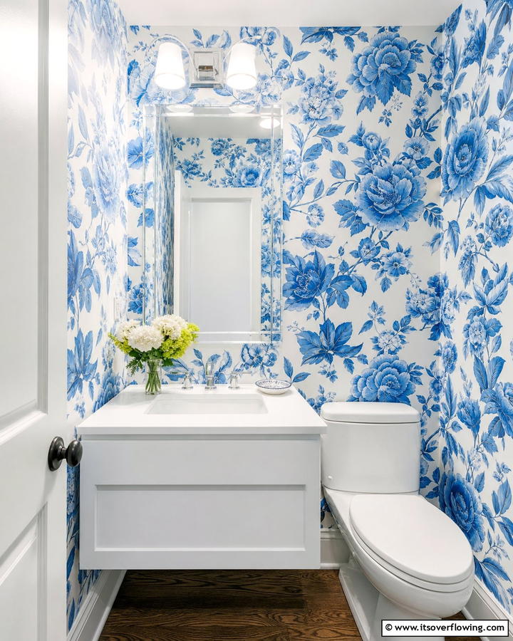 Blue Floral Wallpaper - 20 Blue Powder Room Ideas- Small Space, Big Style