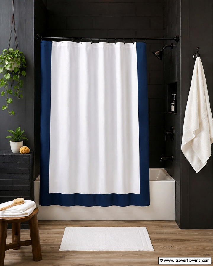 Blue Framed Shower Curtain against Black Walls - 30 Striking Black and Blue Bathroom Ideas for Dramatic Flair