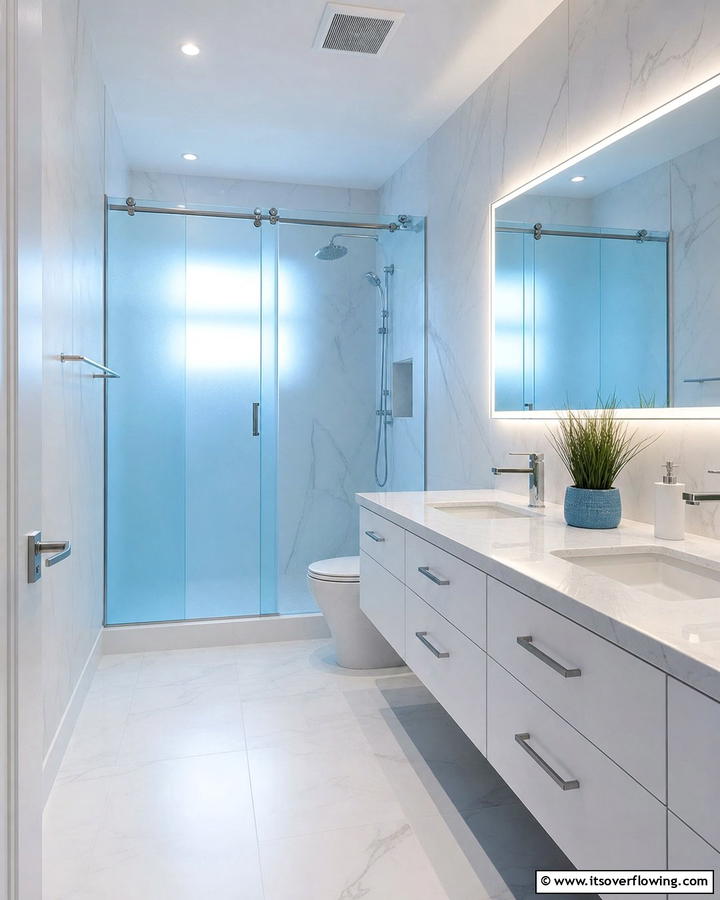 Blue Frosted Glass Doors - 25 Blue Bathroom Ideas for a Serene Retreat