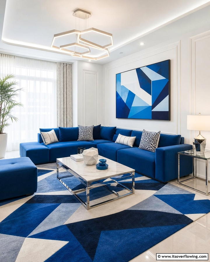 Blue Geometric Modernity - 21 Refreshing Blue Living Room Ideas for Vibrant Spaces