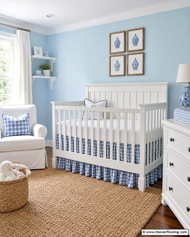 Blue Gingham Crib Skirt - 25 Blue Nursery Ideas for a Calming and Serene Baby Room