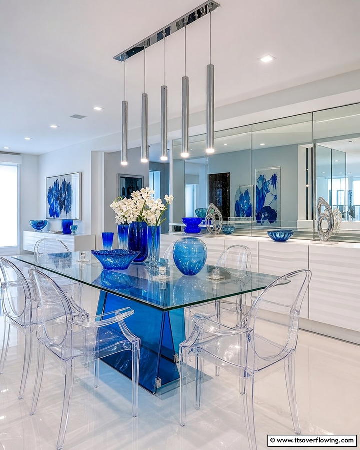Blue Glass Features - 21 Blue Dining Room Ideas for Calm Entertaining Spaces