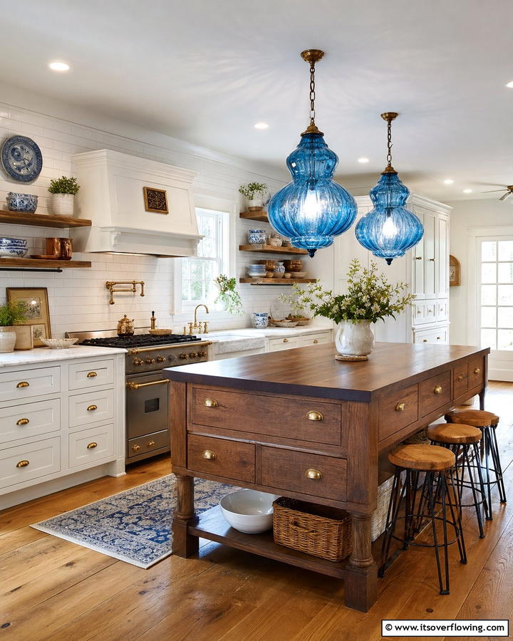 Blue Glass Pendant Lights - 20 Blue French Country Kitchen Ideas- Charming & Bright