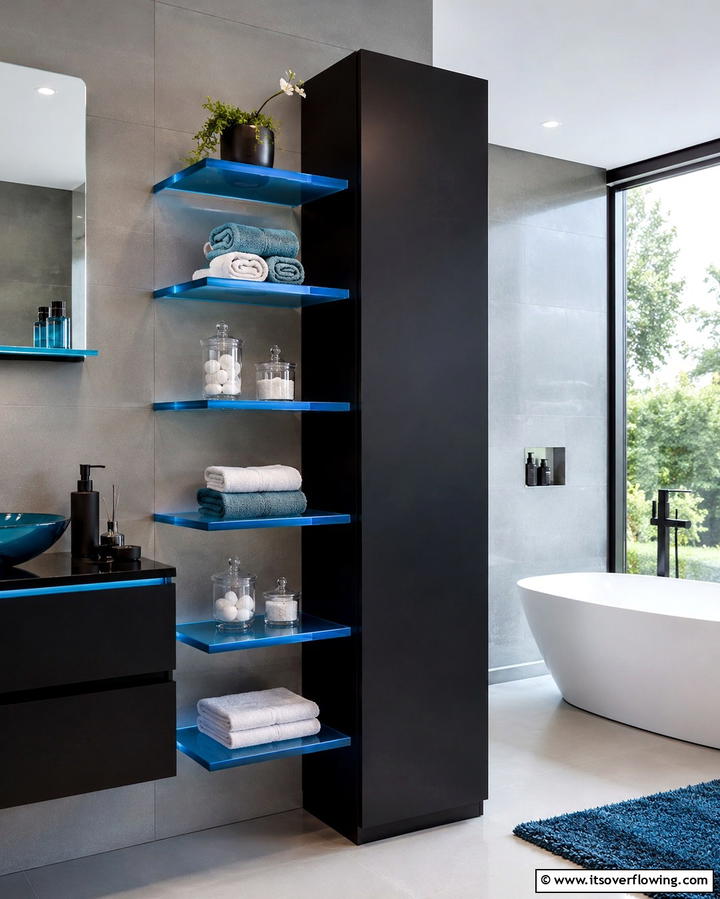 Blue Glass Shelves and Black Storage Units - 30 Striking Black and Blue Bathroom Ideas for Dramatic Flair