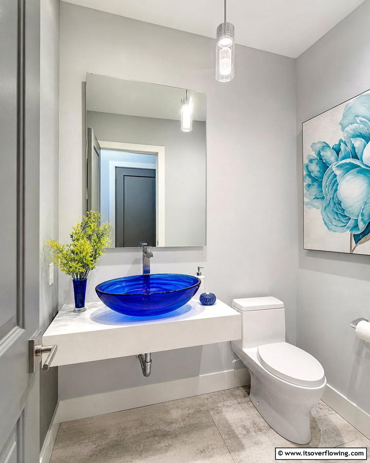 Blue Glass Sink - 20 Blue Powder Room Ideas- Small Space, Big Style