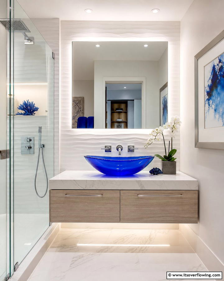 Blue Glass Vessel Sink - 25 Blue Bathroom Ideas for a Serene Retreat
