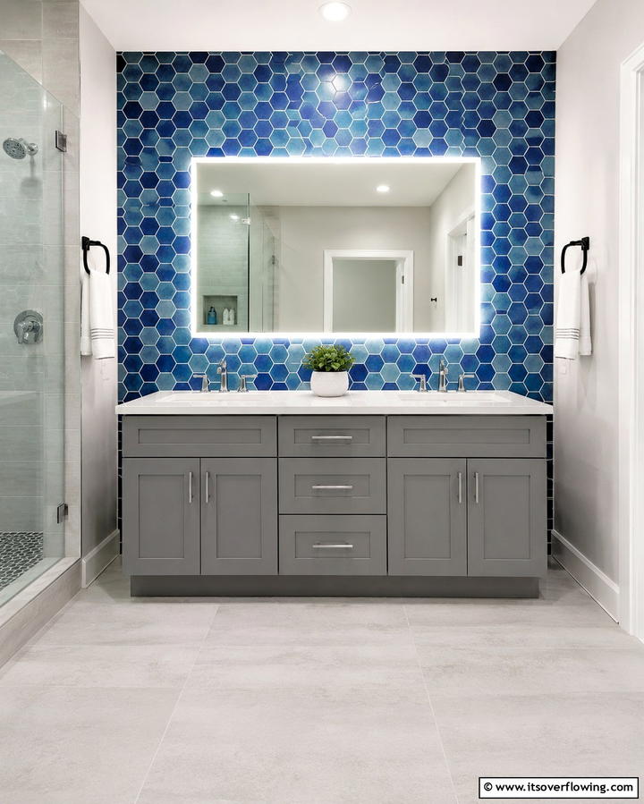 Blue Hexagon Tiles with Gray Vanity - 25 Blue and Gray Bathroom Ideas for a Modern Look