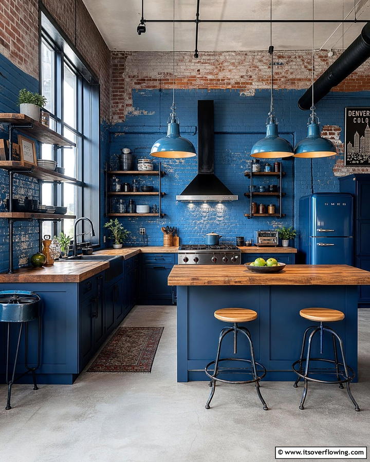 Blue Industrial Kitchen Accents - 21 Inviting Blue Kitchen Ideas for Coastal or Modern Themes
