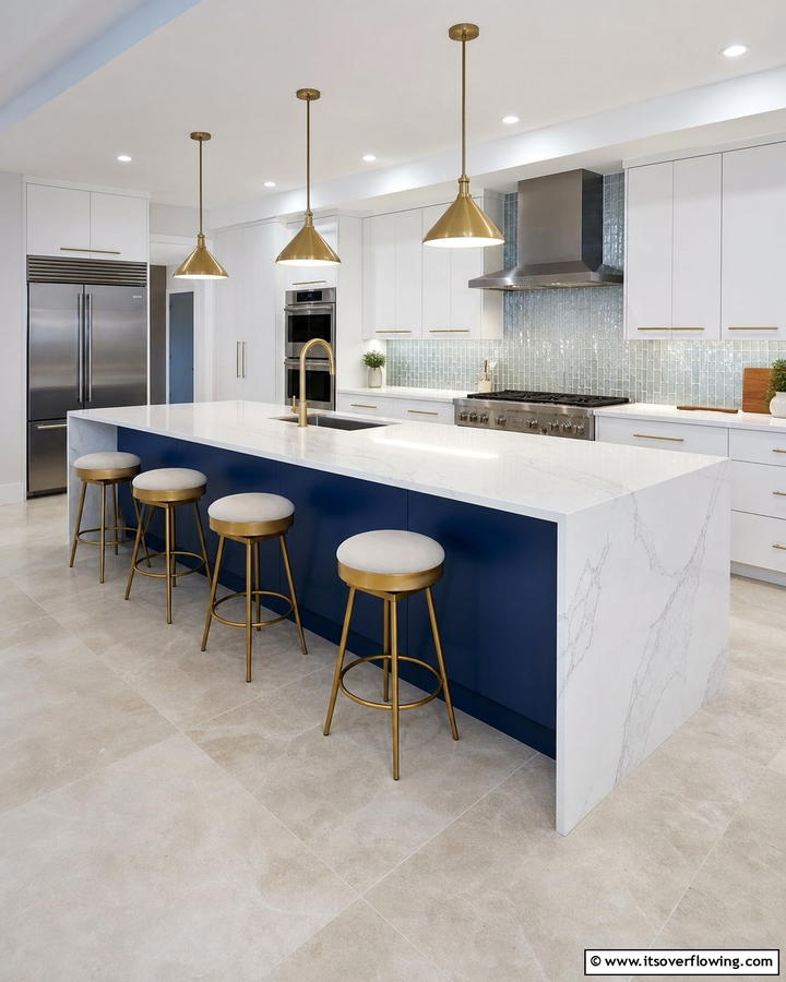 Blue Islands with Waterfall Countertops - 25 Blue Kitchen Island Ideas for a Fresh Look
