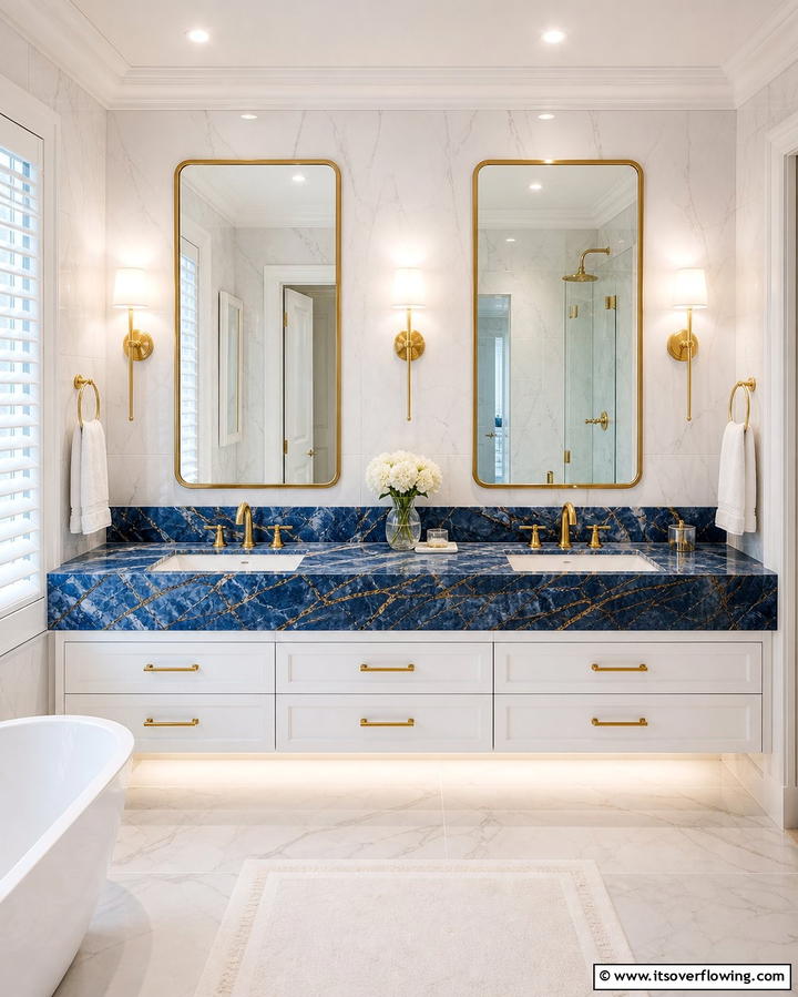 Blue Marble Countertops with Gold Fixtures - 25 Blue and Gold Bathroom Ideas for a Luxurious Retreat