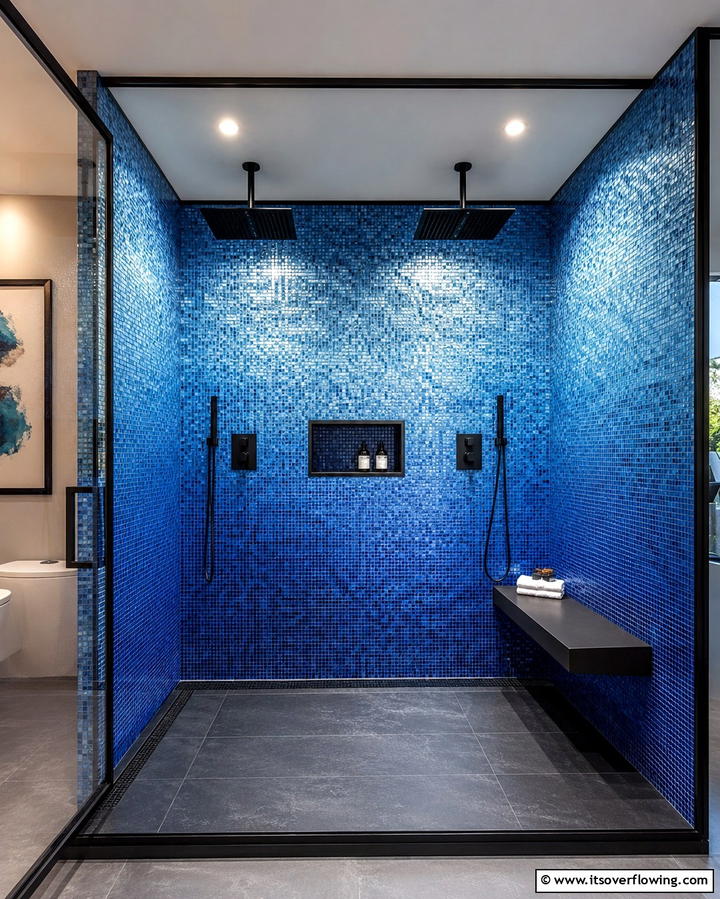 Blue Mosaic Shower Walls with Black Accents - 30 Striking Black and Blue Bathroom Ideas for Dramatic Flair