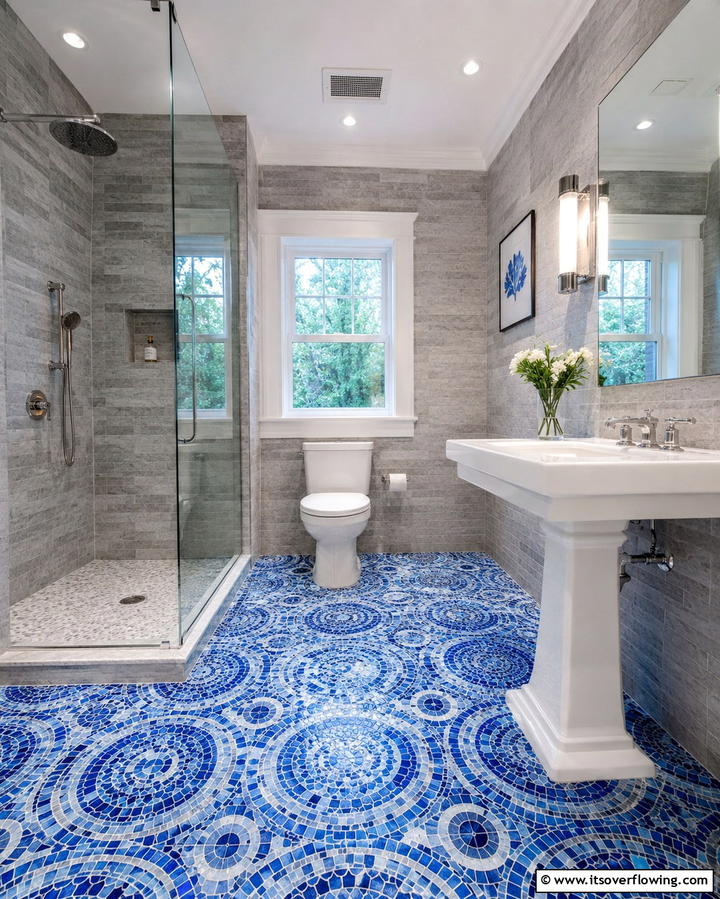 Blue Mosaic Tile Flooring - 25 Blue and Gray Bathroom Ideas for a Modern Look