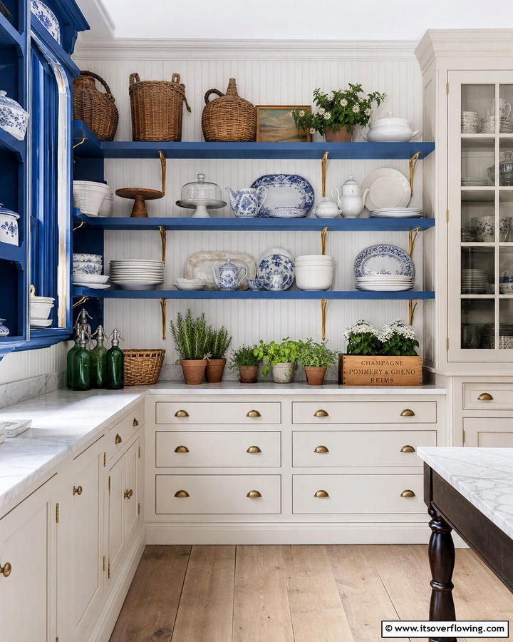 Blue Open Shelving - 20 Blue French Country Kitchen Ideas- Charming & Bright