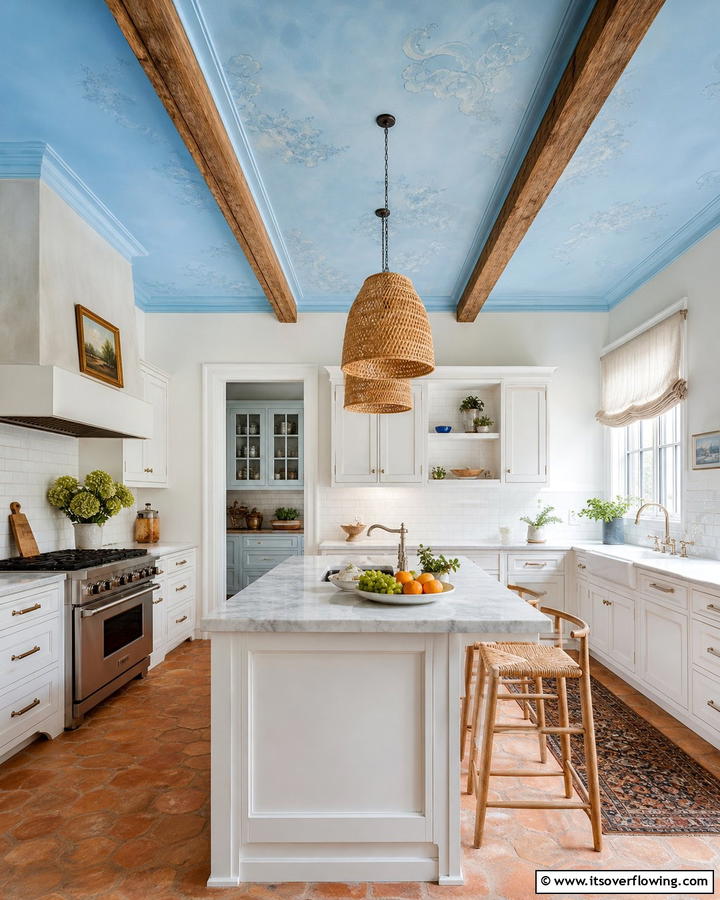 Blue Painted Ceiling - 20 Blue French Country Kitchen Ideas- Charming & Bright