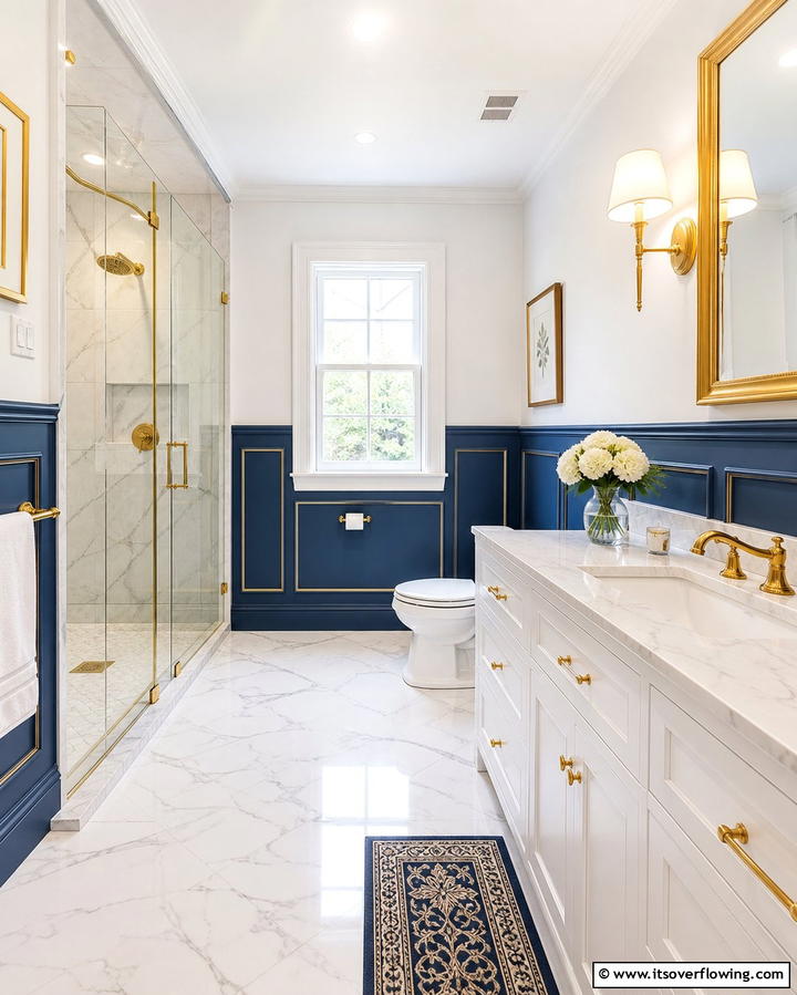 Blue Paneling with Gold Details - 25 Blue and Gold Bathroom Ideas for a Luxurious Retreat