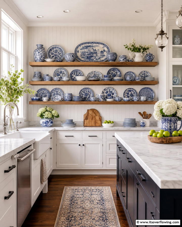 Blue Patterned Dish Display - 21 Inviting Blue Kitchen Ideas for Coastal or Modern Themes