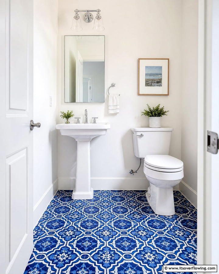 Blue Patterned Floor Tiles - 20 Blue Powder Room Ideas- Small Space, Big Style