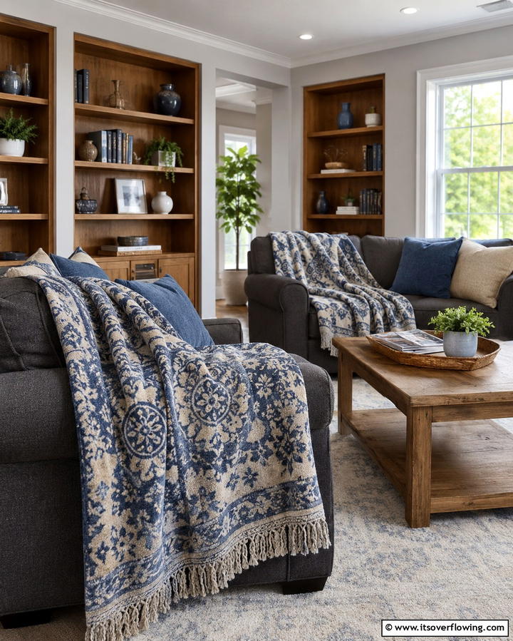 Blue Patterned Throw Blankets on Grey Sofas - 30 Soothing Blue & Grey Living Room Designs for Relaxing Spaces