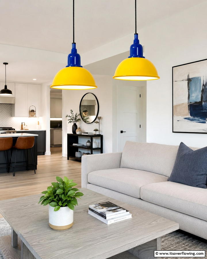 Blue Pendant Lights with Yellow Shades - 25 Yellow and Blue Living Room Ideas for a Fresh Look