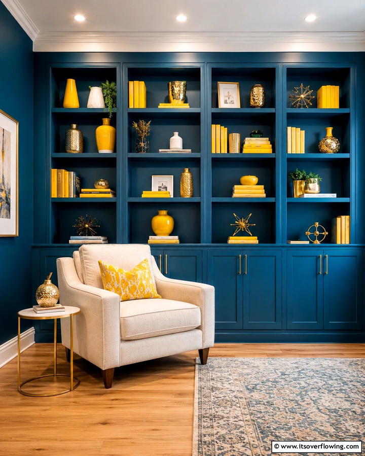Blue Shelves with Yellow Decor Items - 25 Yellow and Blue Living Room Ideas for a Fresh Look