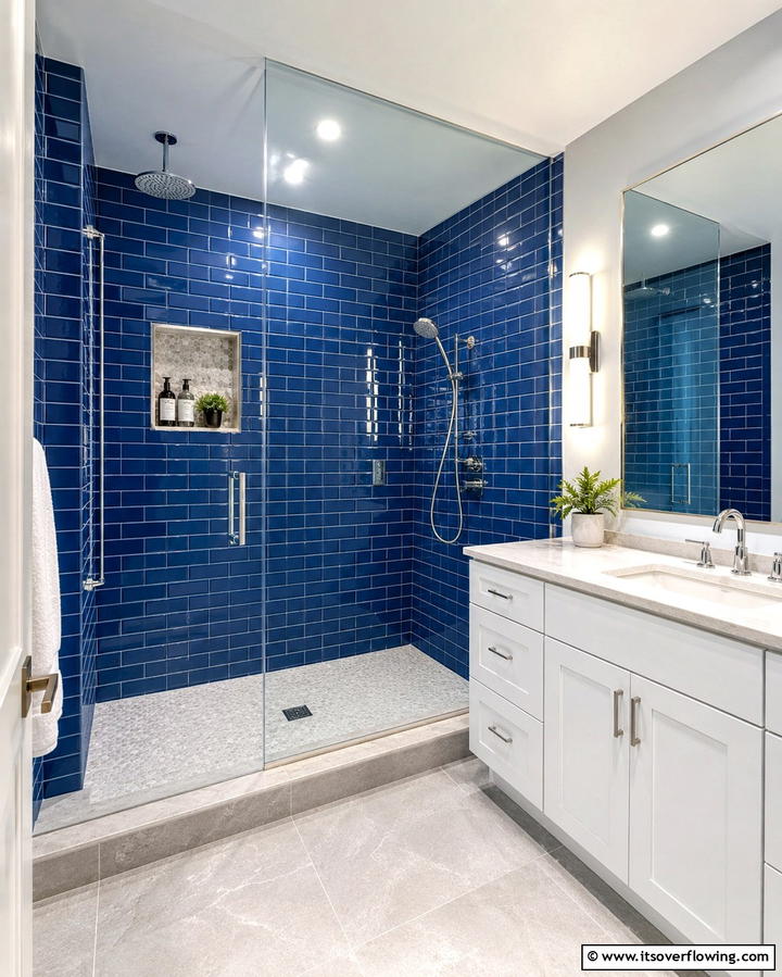 Blue Subway Tile Shower with Gray Grout - 25 Blue and Gray Bathroom Ideas for a Modern Look
