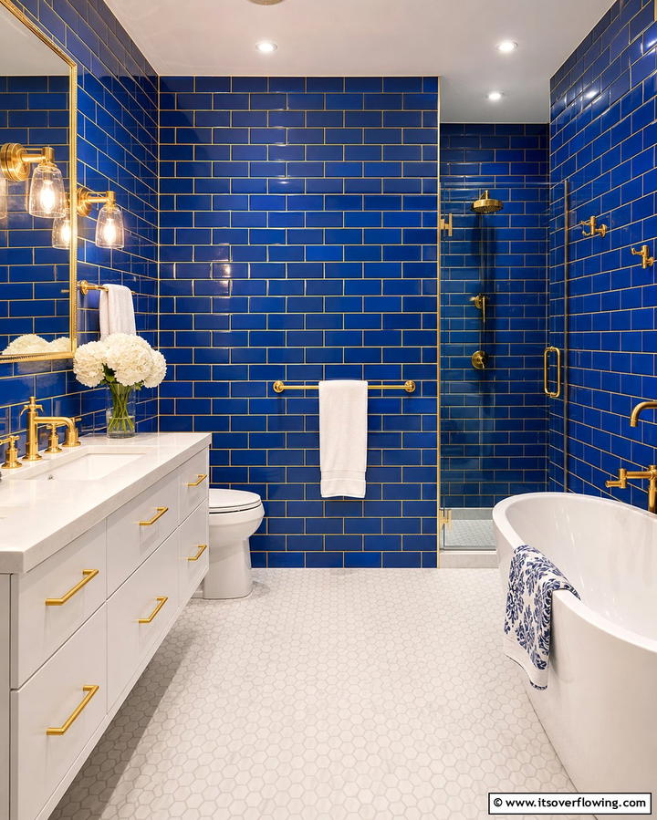Blue Subway Tiles with Gold Grout - 25 Blue and Gold Bathroom Ideas for a Luxurious Retreat