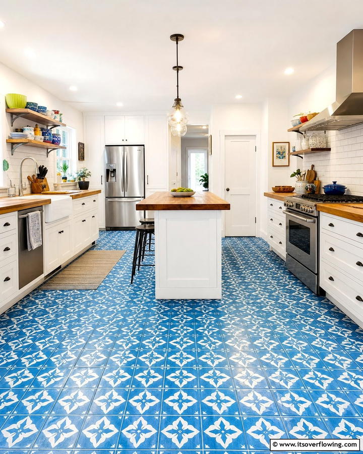 Blue Tile Flooring Finesse - 21 Inviting Blue Kitchen Ideas for Coastal or Modern Themes