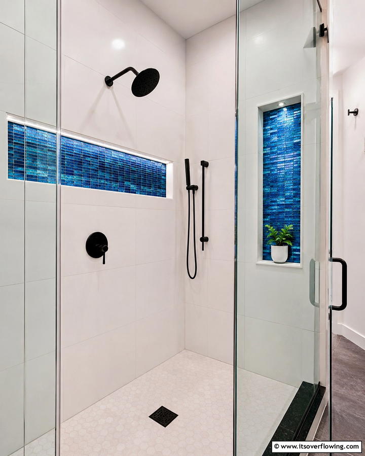 Blue Tiled Accent Niche with Black Fixtures - 30 Striking Black and Blue Bathroom Ideas for Dramatic Flair