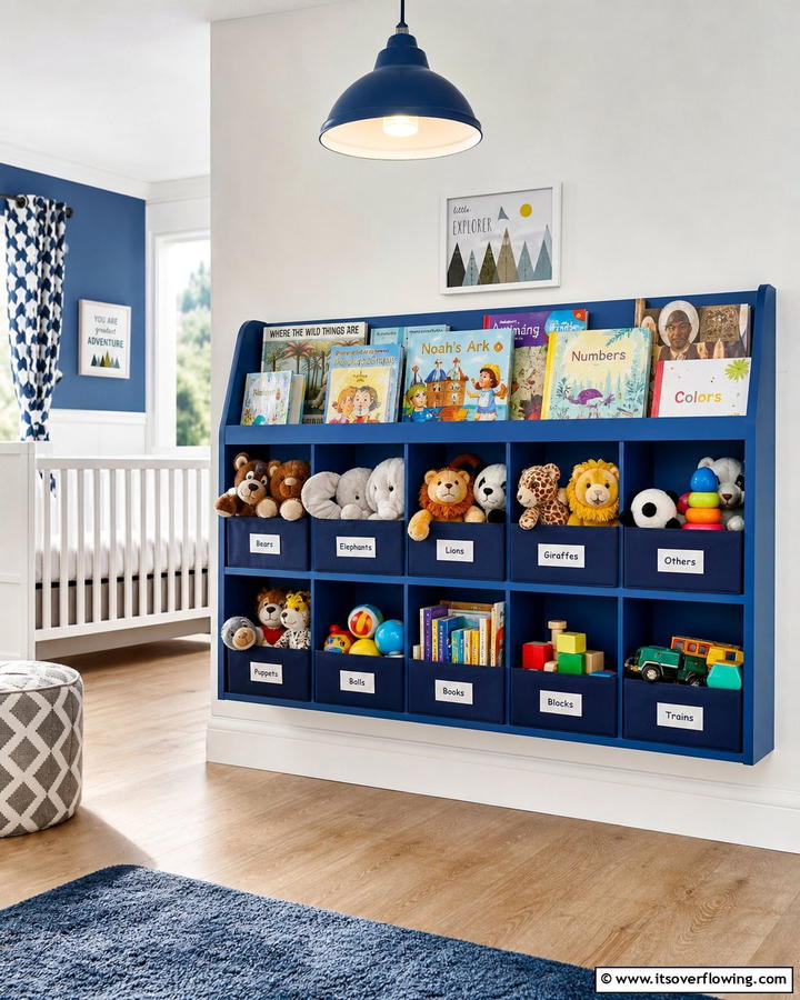 Blue Toy Organizer - 25 Blue Nursery Ideas for a Calming and Serene Baby Room