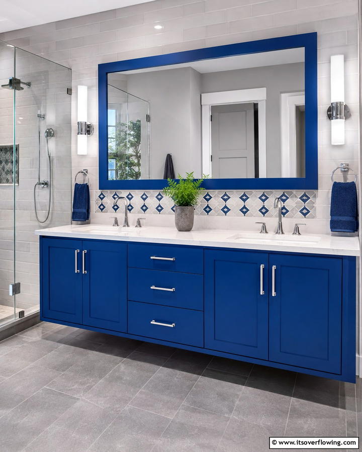 Blue Vanity with Gray Hardware - 25 Blue and Gray Bathroom Ideas for a Modern Look