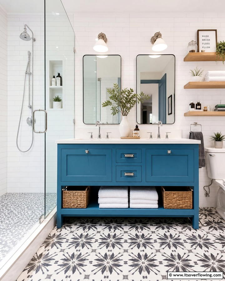 Blue Vanity with Open Shelving - 25 Stunning Blue Bathroom Vanity Ideas