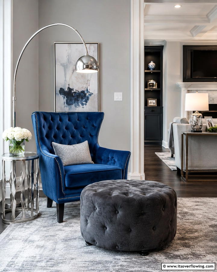 Blue Velvet Armchair with Grey Ottoman - 30 Soothing Blue & Grey Living Room Designs for Relaxing Spaces
