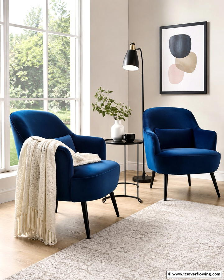 Blue Velvet Armchairs with Black Legs - 25 Bold Black and Blue Living Room Ideas for a Statement