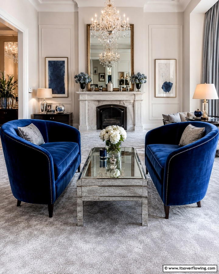 Blue Velvet Armchairs with Grey Carpets - 30 Soothing Blue & Grey Living Room Designs for Relaxing Spaces