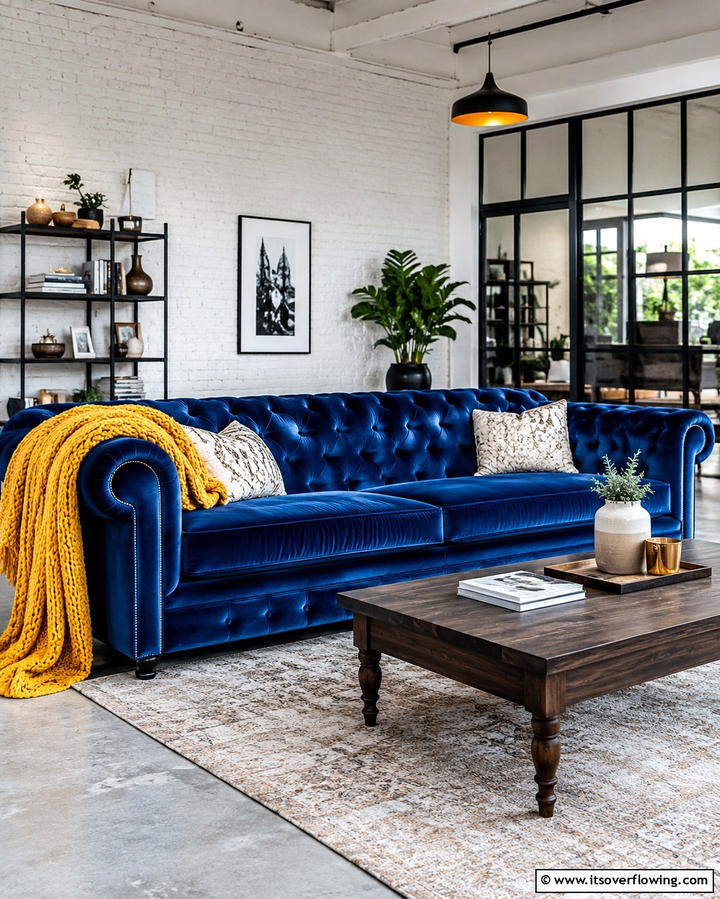 Blue Velvet Sofa with Yellow Throw Blankets - 25 Yellow and Blue Living Room Ideas for a Fresh Look