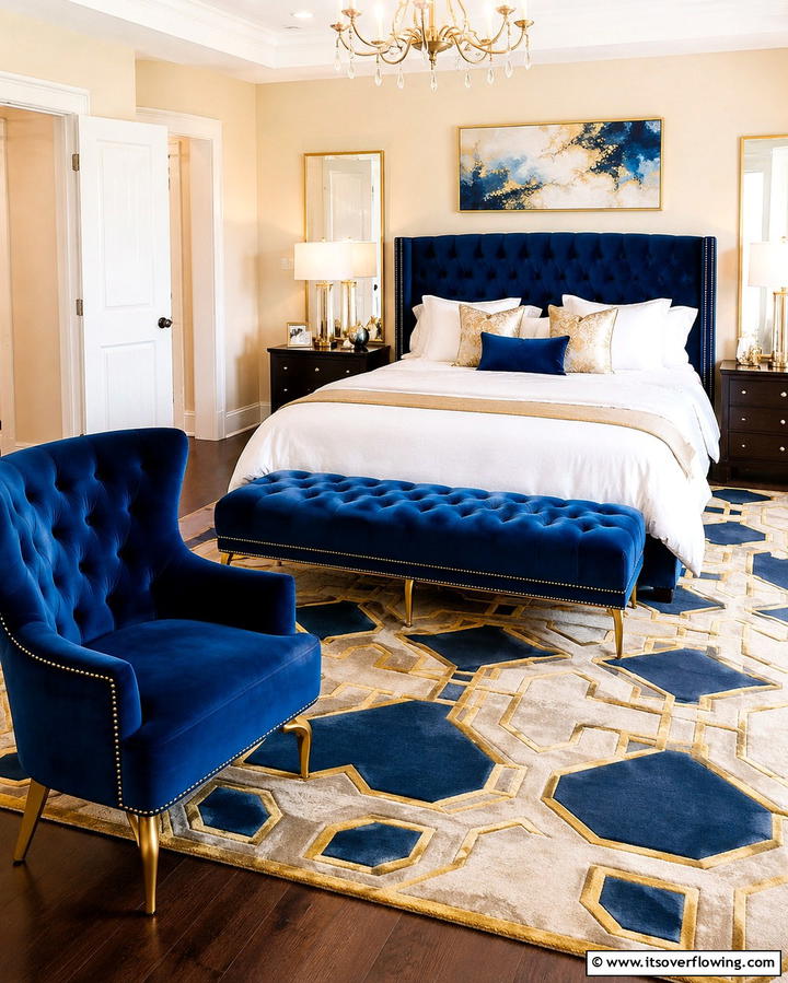Blue Velvet Upholstered Furniture with Gold Legs - 25 Blue and Gold Bedroom Ideas for a Regal Atmosphere