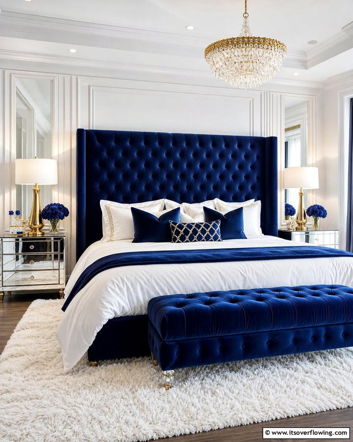 Blue Velvet Upholstery for Luxury - 25 Blue and White Bedroom Ideas for a Calming Space