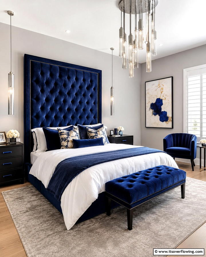 Blue Velvet Upholstery with Black Details - 25 Black and Blue Bedroom Ideas for a Bold Statement