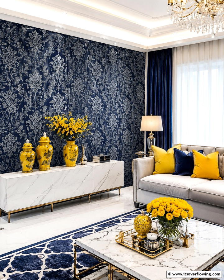 Blue Wallpaper with Yellow Accents - 25 Yellow and Blue Living Room Ideas for a Fresh Look