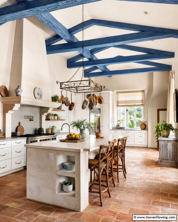 Blue Wooden Beams - 20 Blue French Country Kitchen Ideas- Charming & Bright