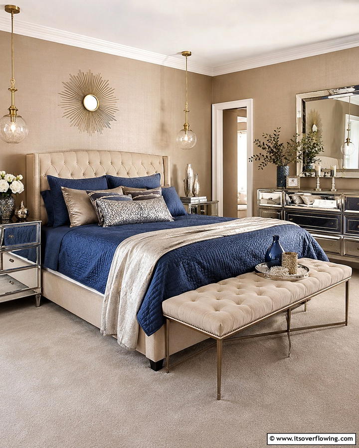 Blue and Beige Accented with Metallics - 25 Blue and Beige Bedroom Ideas for a Calming Space