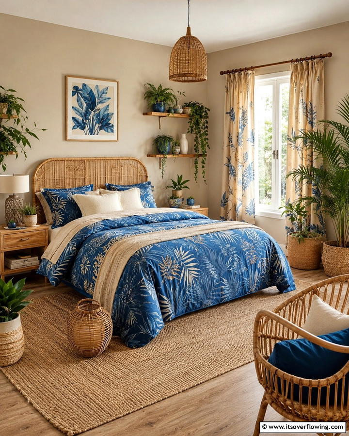 Blue and Beige with Botanical Accents - 25 Blue and Beige Bedroom Ideas for a Calming Space