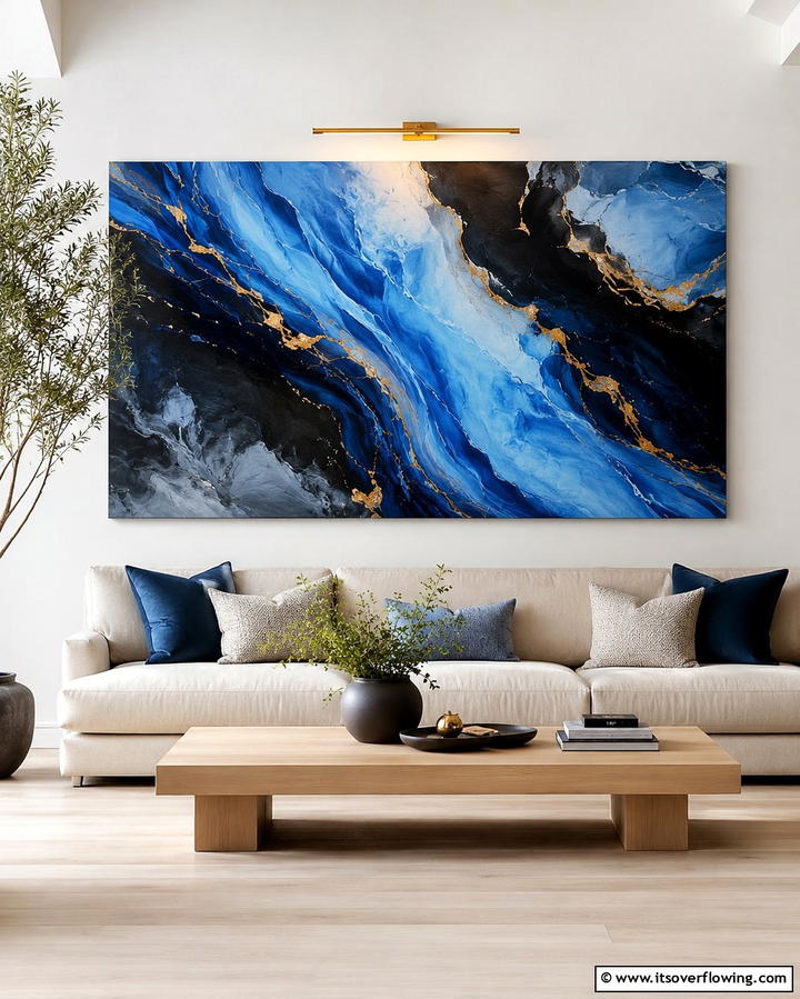 Blue and Black Abstract Wall Art - 25 Bold Black and Blue Living Room Ideas for a Statement